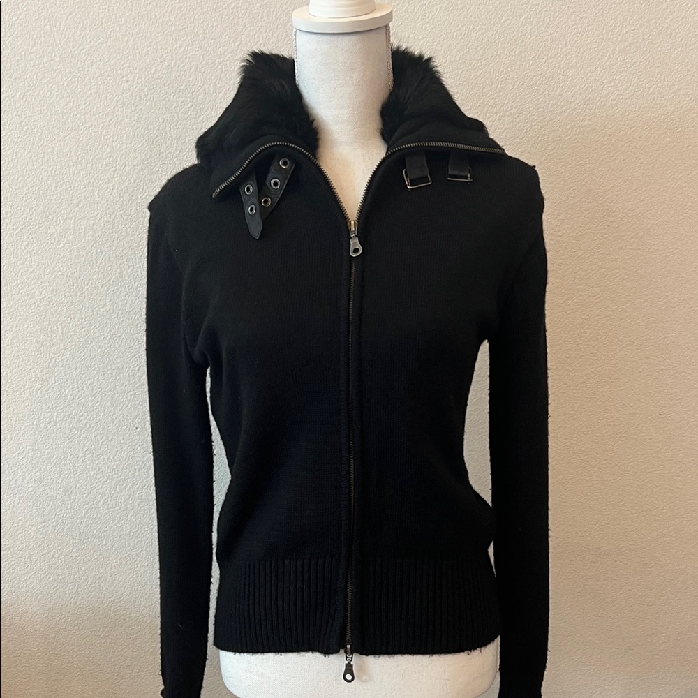 Sinequanone Women's Black Zip-Front Knit Bomber Jacket with High Buckle Collar